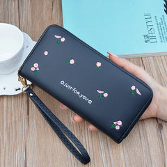 Embroidered Long Zipper Wallet Soft Leather Handbag for Women