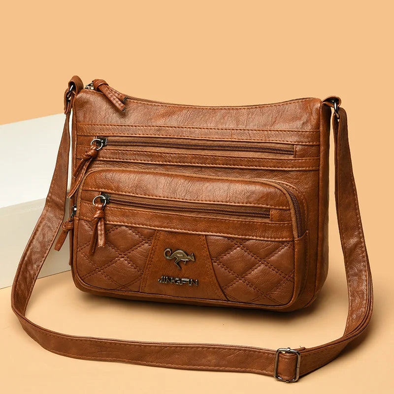 Diamond Embroidery Messenger Bag Soft Leather Large Capacity Shoulder