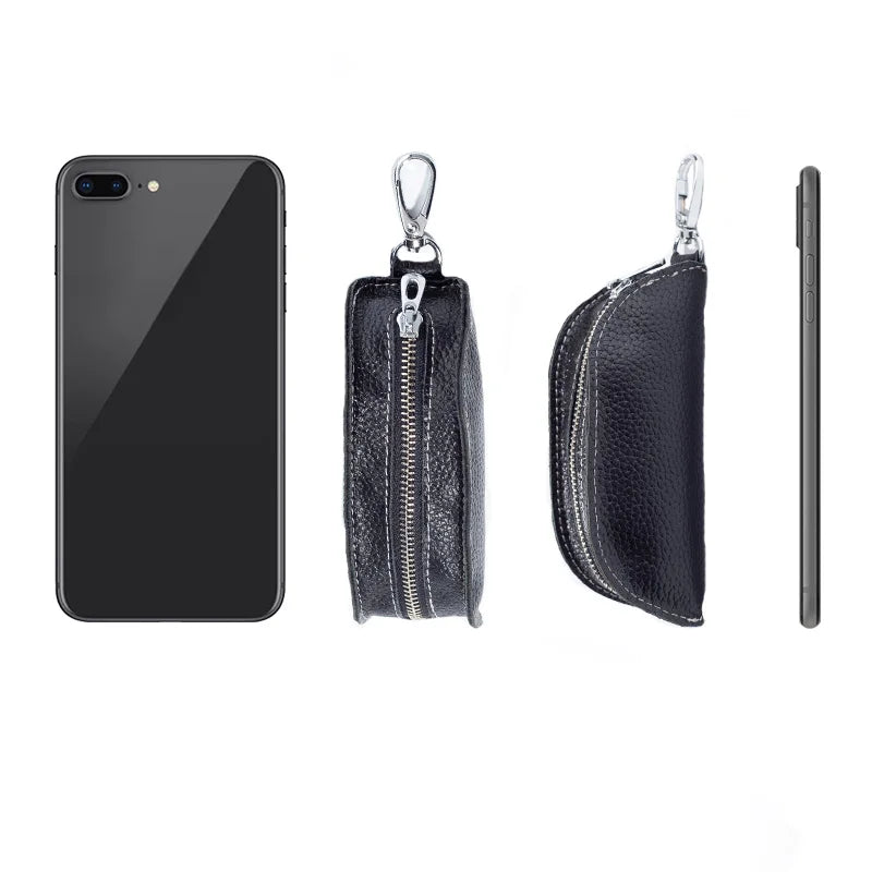 Men Key Bag Cow Leather Key Auto Key Case Bag Pouch Zipper Keychain