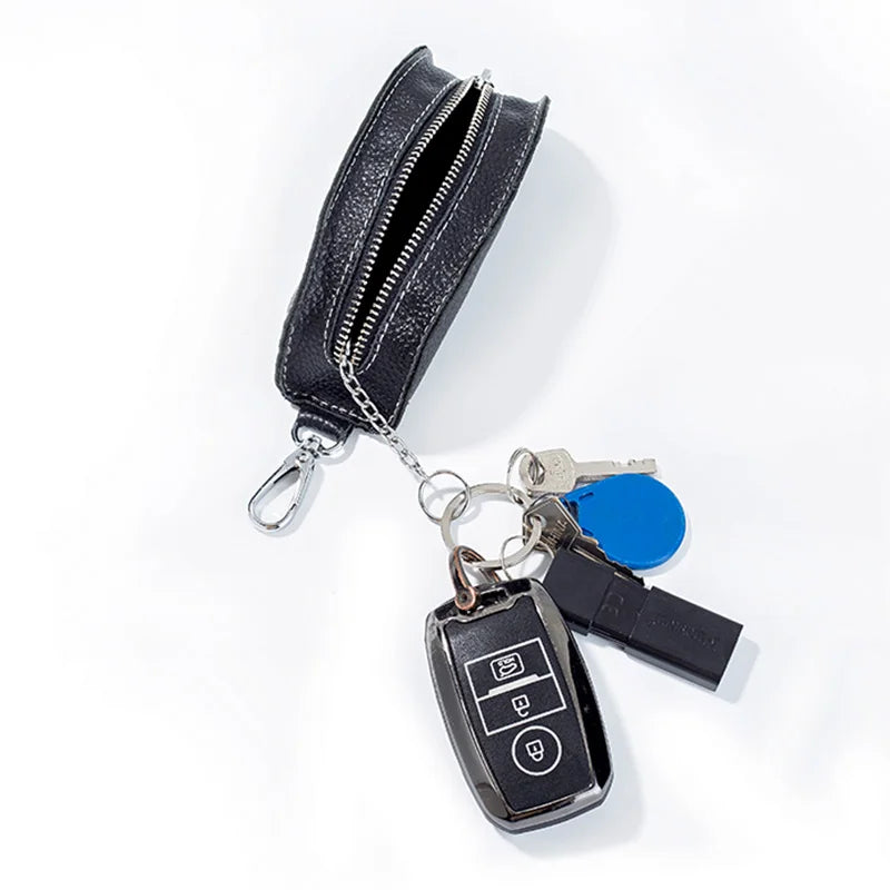 Men Key Bag Cow Leather Key Auto Key Case Bag Pouch Zipper Keychain