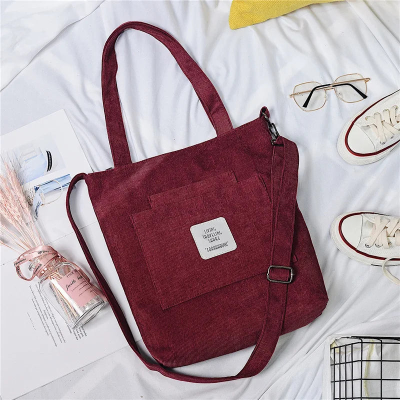 ELVASEK Canvas Shoulder Bag Women Casual Corduroy Soft Handbag Striped Cloth