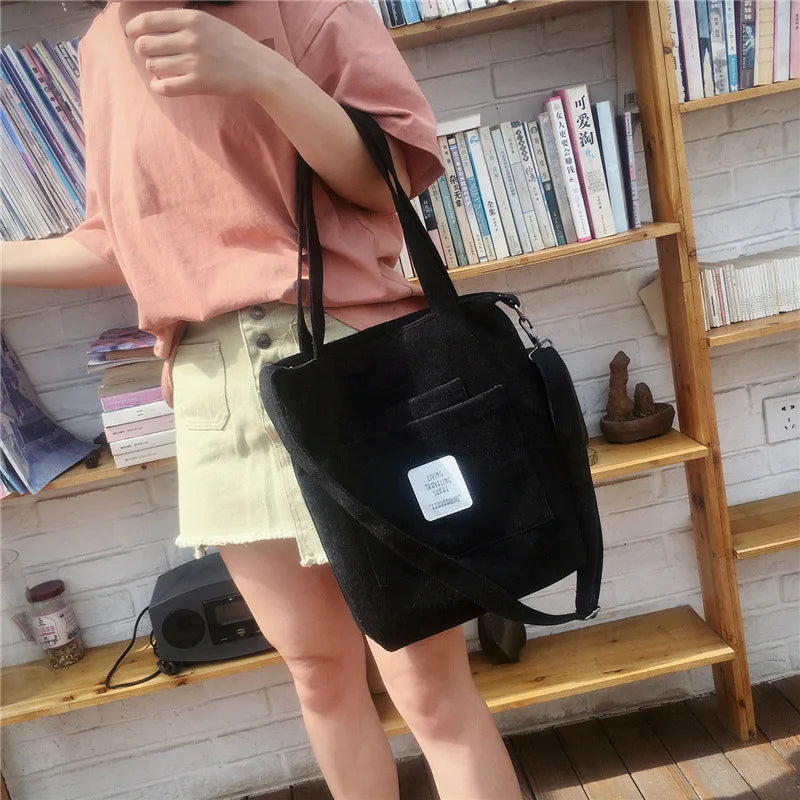 ELVASEK Canvas Shoulder Bag Women Casual Corduroy Soft Handbag Striped Cloth