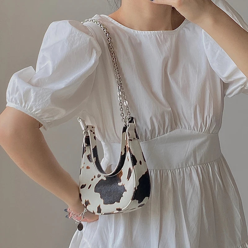 Mini Cow Print Crescent Shoulder Bag with Chain Strap