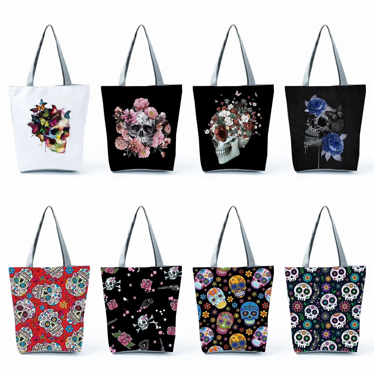 Floral Skull Print Eco Reusable Shopping Bags - Halloween Gift Women Shoulder Ba