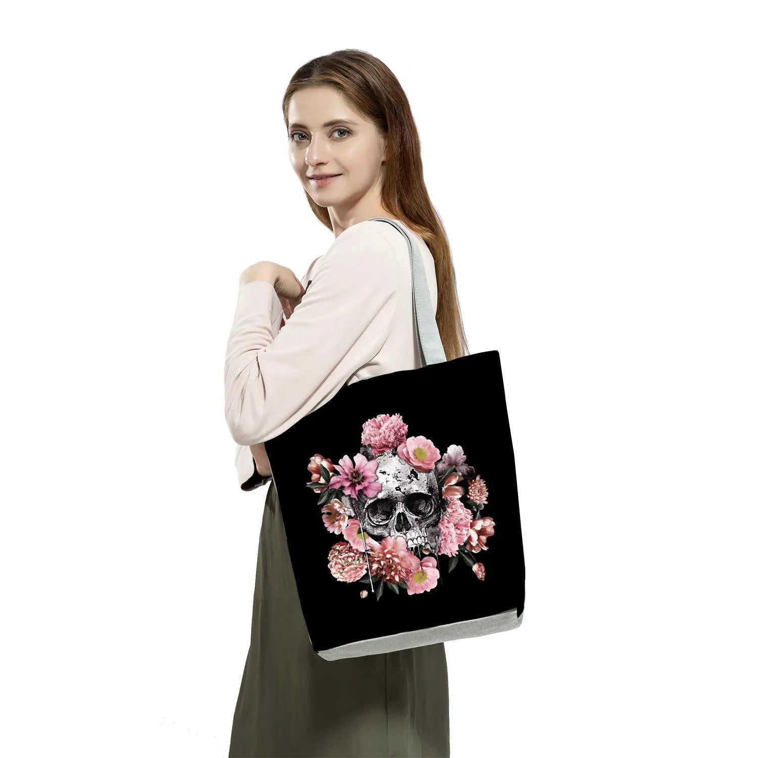 Floral Skull Print Eco Reusable Shopping Bags - Halloween Gift Women Shoulder Ba