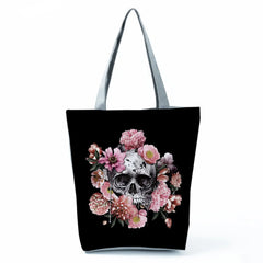 Floral Skull Print Eco Reusable Shopping Bags - Halloween Gift Women Shoulder Ba
