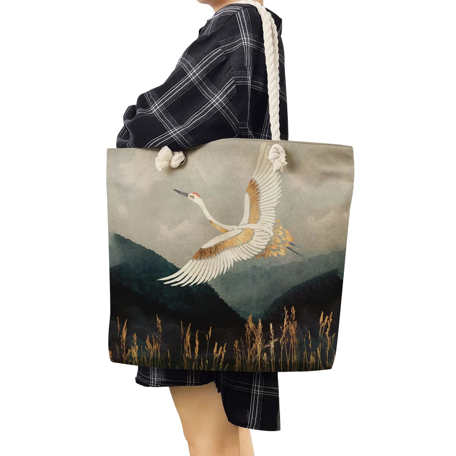 Reusable Shoulder Shopping Bag Crane Beach Tote Bag Japanese Ukiyoe Handbag