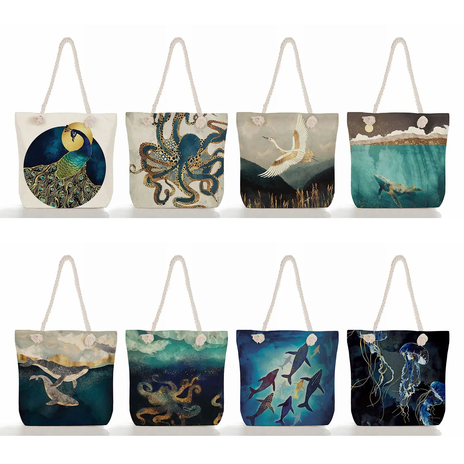 Reusable Shoulder Shopping Bag Crane Beach Tote Bag Japanese Ukiyoe Handbag
