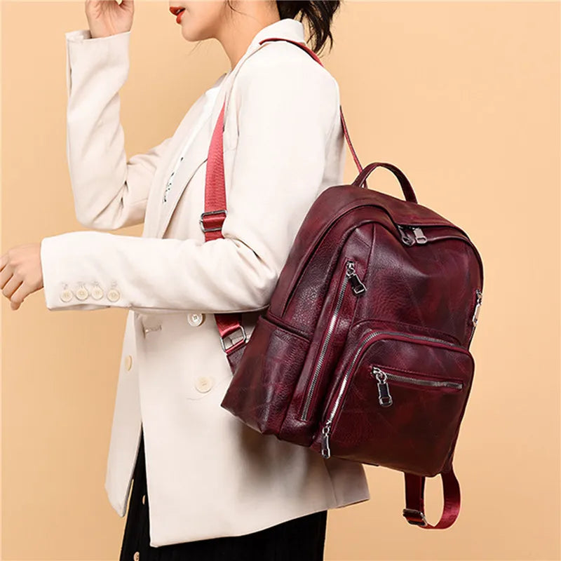 Leather Backpack for Women High Shoulder Bag Casual Purse School Bag