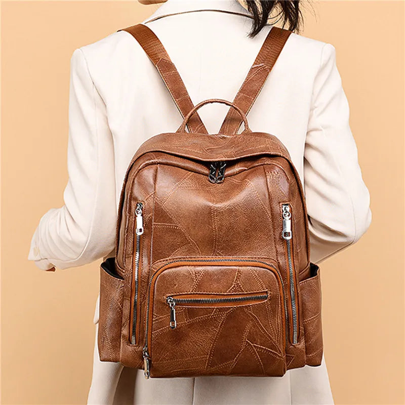Leather Backpack for Women High Shoulder Bag Casual Purse School Bag