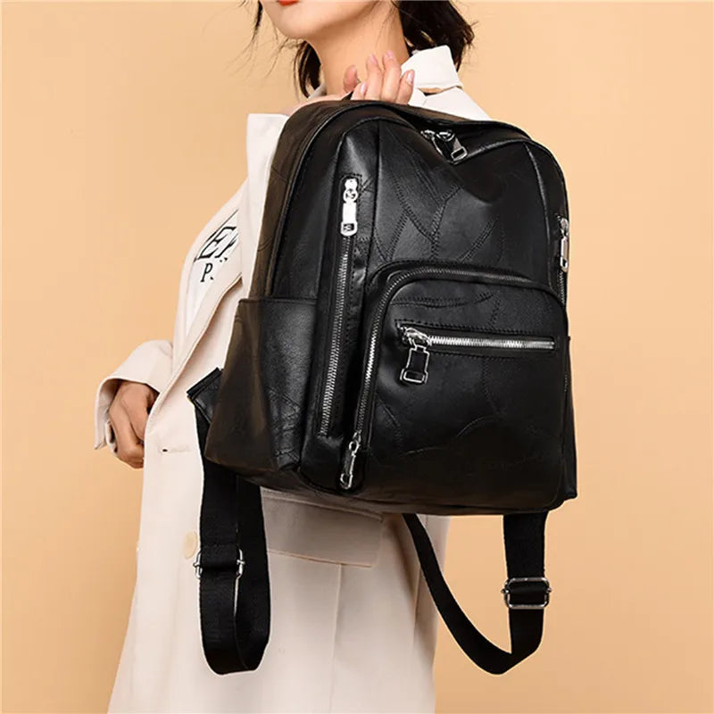 Leather Backpack for Women High Shoulder Bag Casual Purse School Bag