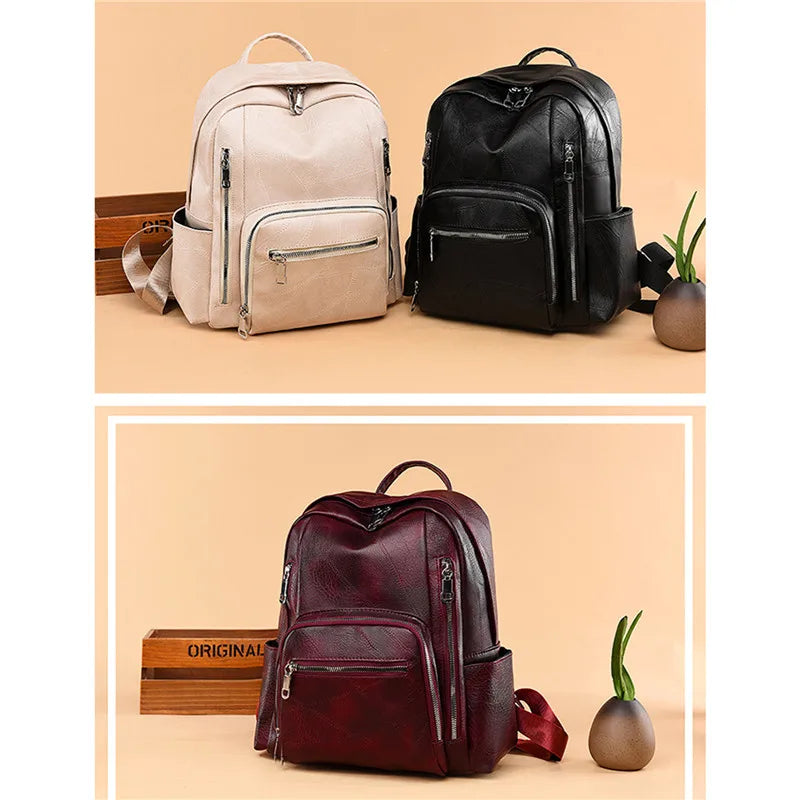 Leather Backpack for Women High Shoulder Bag Casual Purse School Bag