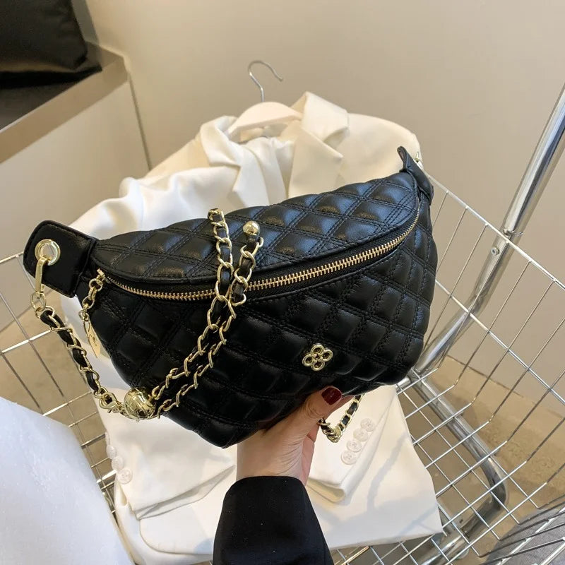 Diamond Lattice Applique Waist Bag Crossbody Chain PU Leather Fanny Pack