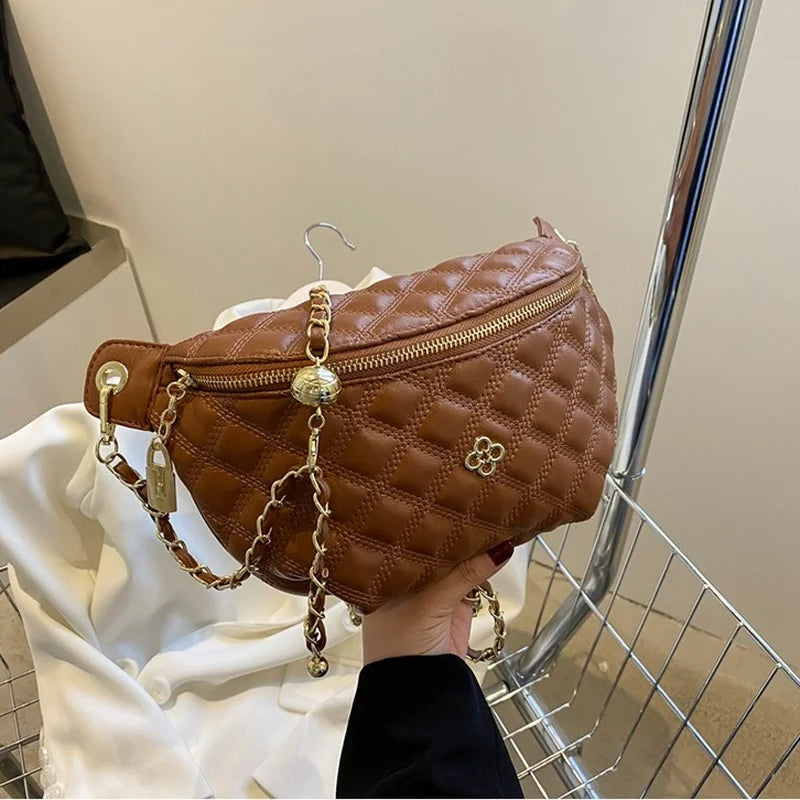 Diamond Lattice Applique Waist Bag Crossbody Chain PU Leather Fanny Pack