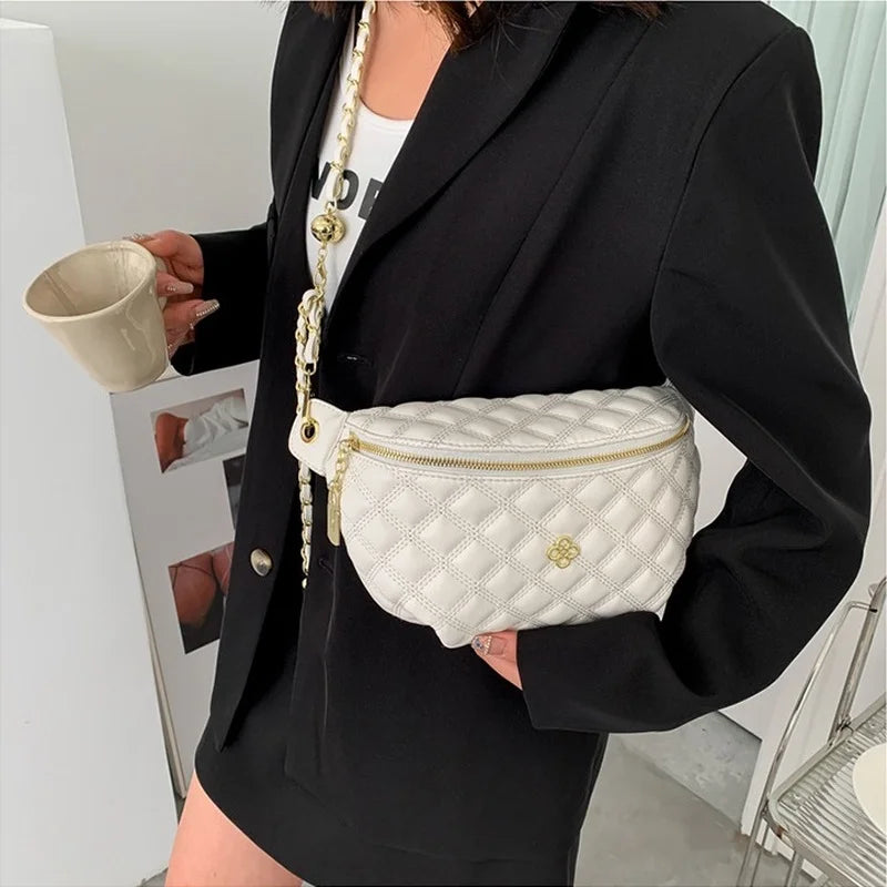 Diamond Lattice Applique Waist Bag Crossbody Chain PU Leather Fanny Pack