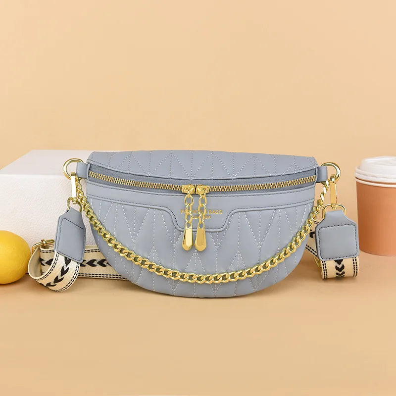 Diamond Lattice PU Waist Bag Chain Zipper Fanny Pack