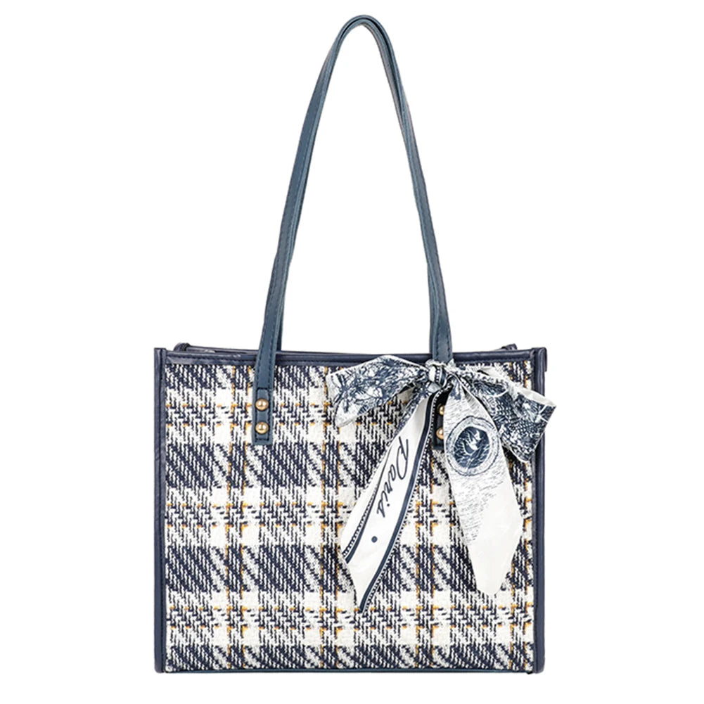 Women's Bowknot Shoulder Bag Plaid Pattern Travel Tote Handbag