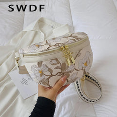 Flower Printed PU Leather Waist Bags For Women Chain Zipper Waist Pack
