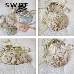 Flower Printed PU Leather Waist Bags For Women Chain Zipper Waist Pack