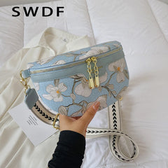 Flower Printed PU Leather Waist Bags For Women Chain Zipper Waist Pack