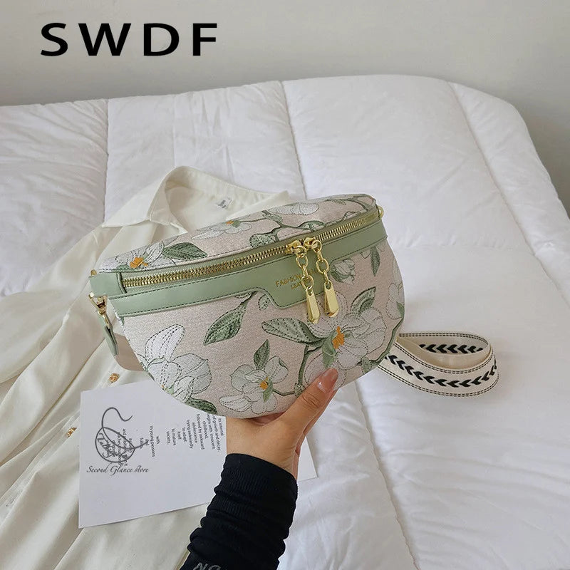 Flower Printed PU Leather Waist Bags For Women Chain Zipper Waist Pack