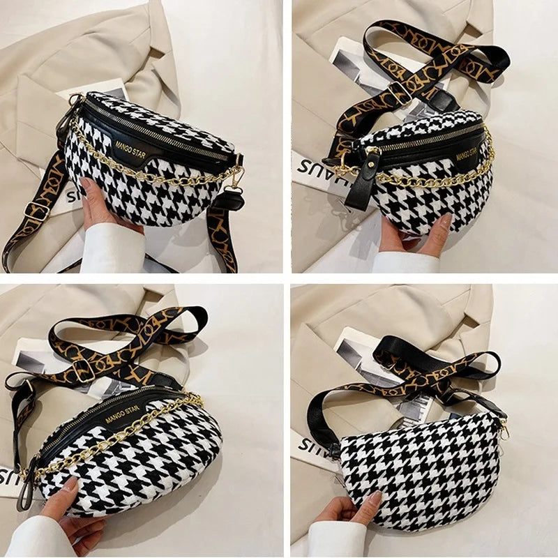 Plaid Chain Waist Bag Canvas Fanny Pack for Women