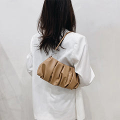 Solid Leather Handbag Pleated Shoulder Clutch Totes Bag Bolsa Feminina