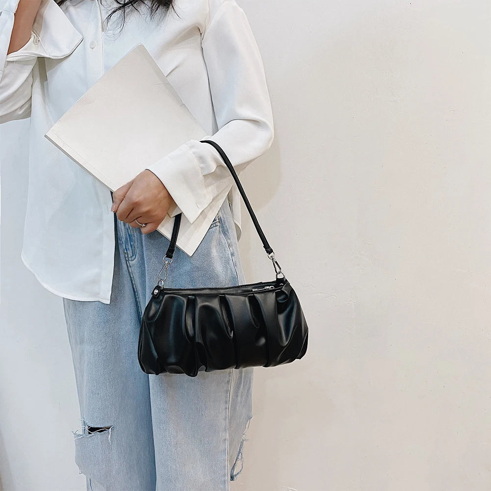 Solid Leather Handbag Pleated Shoulder Clutch Totes Bag Bolsa Feminina