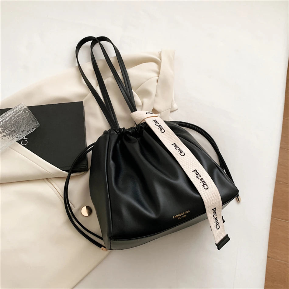 Ribbons Women's Bucket Handbags Vintage PU Leather Shoulder Bags for Women