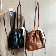 Ribbons Women's Bucket Handbags Vintage PU Leather Shoulder Bags for Women