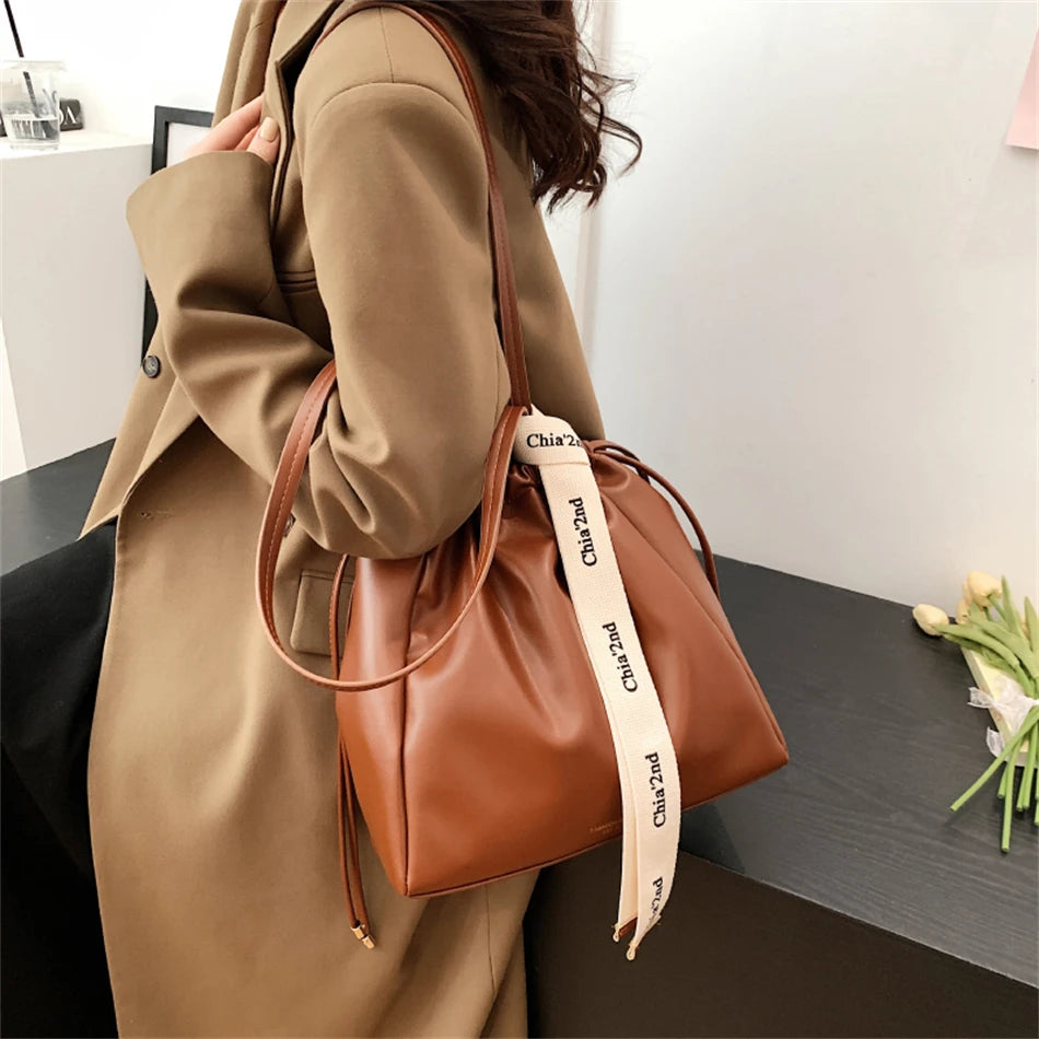 Ribbons Women's Bucket Handbags Vintage PU Leather Shoulder Bags for Women
