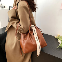 Ribbons Women's Bucket Handbags Vintage PU Leather Shoulder Bags for Women