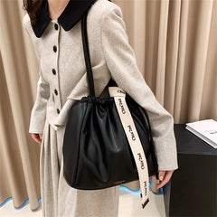 Ribbons Women's Bucket Handbags Vintage PU Leather Shoulder Bags for Women