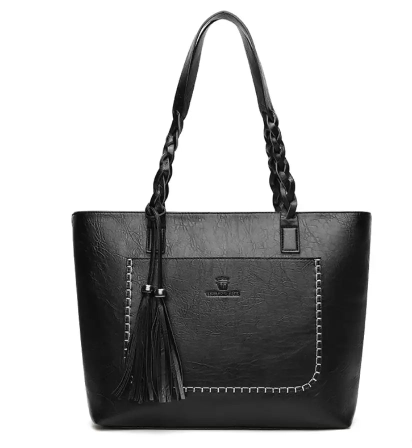 Vintage Tassel Handbag Brown Leather Shoulder Bag Women Ladies Retro Tote Large