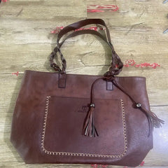Vintage Tassel Handbag Brown Leather Shoulder Bag Women Ladies Retro Tote Large