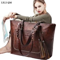 Vintage Tassel Handbag Brown Leather Shoulder Bag Women Ladies Retro Tote Large