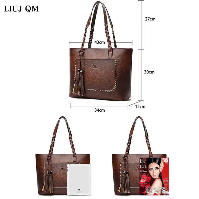 Vintage Tassel Handbag Brown Leather Shoulder Bag Women Ladies Retro Tote Large
