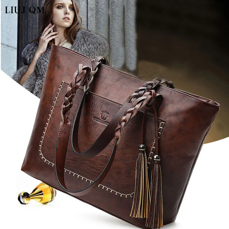 Vintage Tassel Handbag Brown Leather Shoulder Bag Women Ladies Retro Tote Large