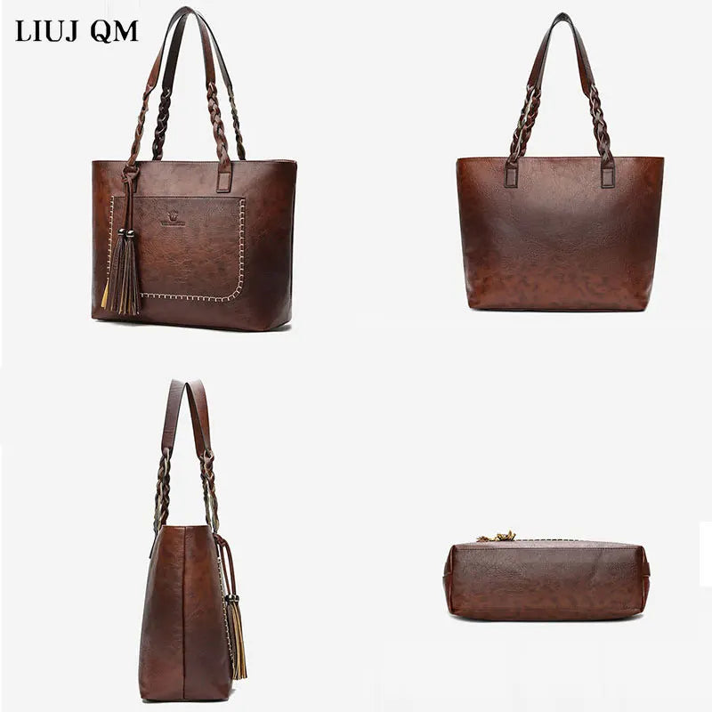 Vintage Tassel Handbag Brown Leather Shoulder Bag Women Ladies Retro Tote Large