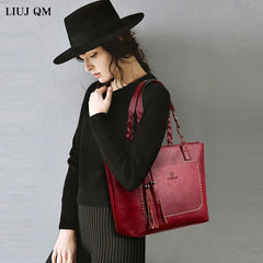 Vintage Tassel Handbag Brown Leather Shoulder Bag Women Ladies Retro Tote Large