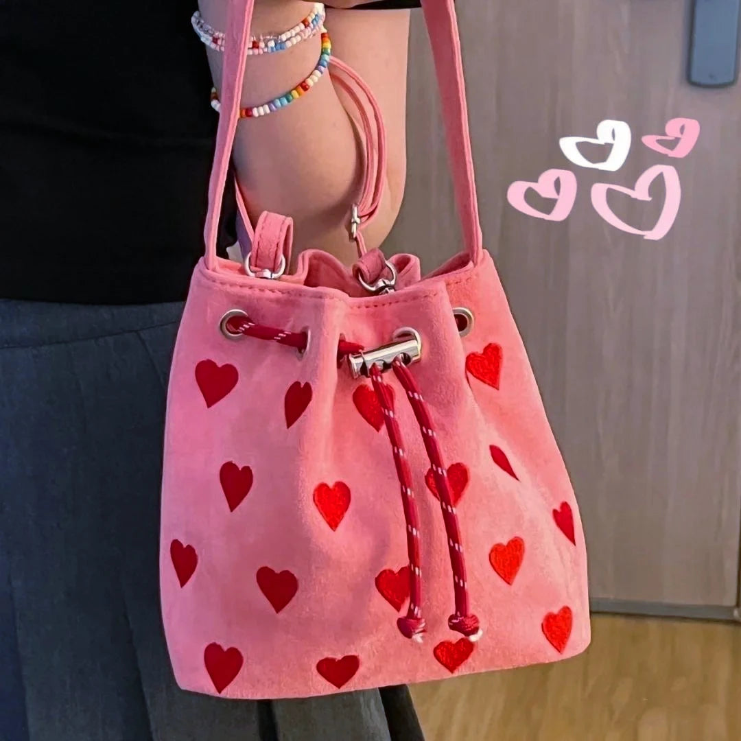 Embroidered Heart Women's Canvas Handbag Pink Love Girls Shoulder