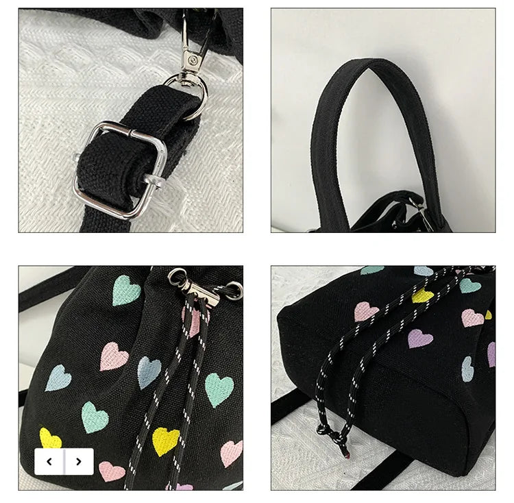 Embroidered Heart Women's Canvas Handbag Pink Love Girls Shoulder