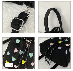Embroidered Heart Women's Canvas Handbag Pink Love Girls Shoulder