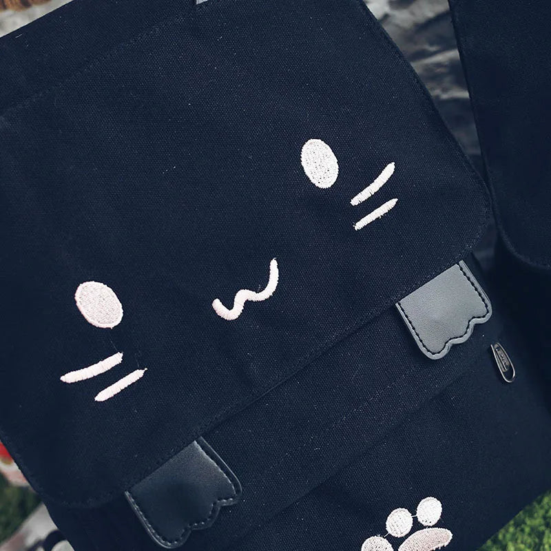 Embroidery Cartoon Backpack Cat Ear Schoolbag Teen Canvas School Backpack