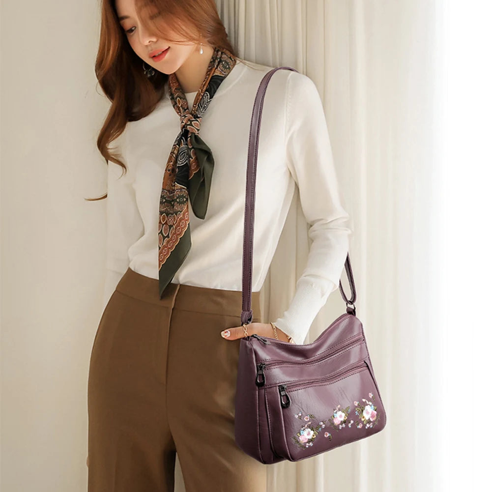 Embroidery Flower Pattern Crossbody Bag Women Shopping Shoulder Bags
