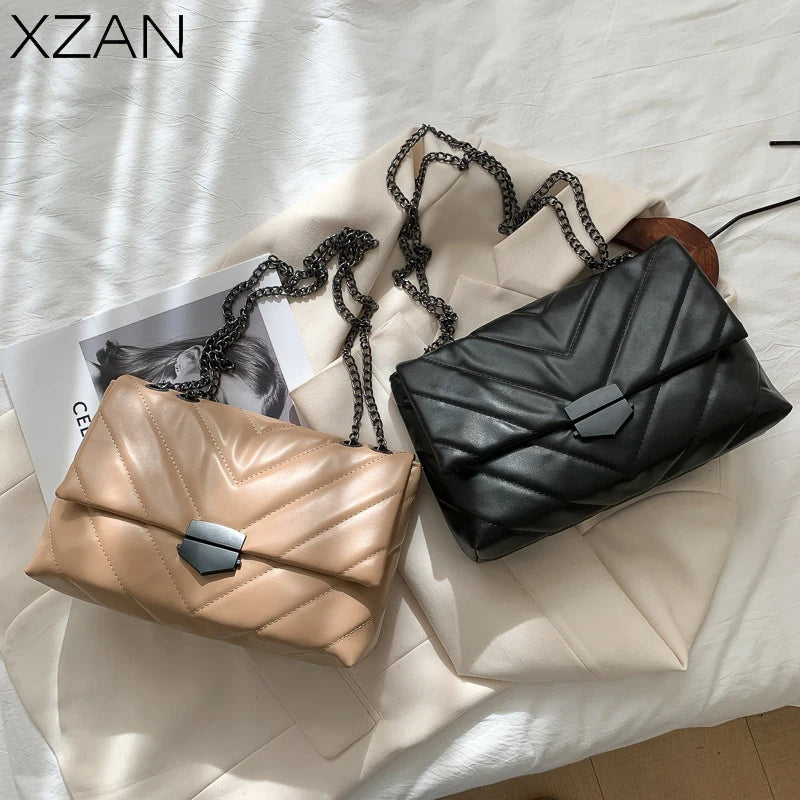 Embroidery Thread PU Leather Crossbody Bag with Chain Shoulder Strap