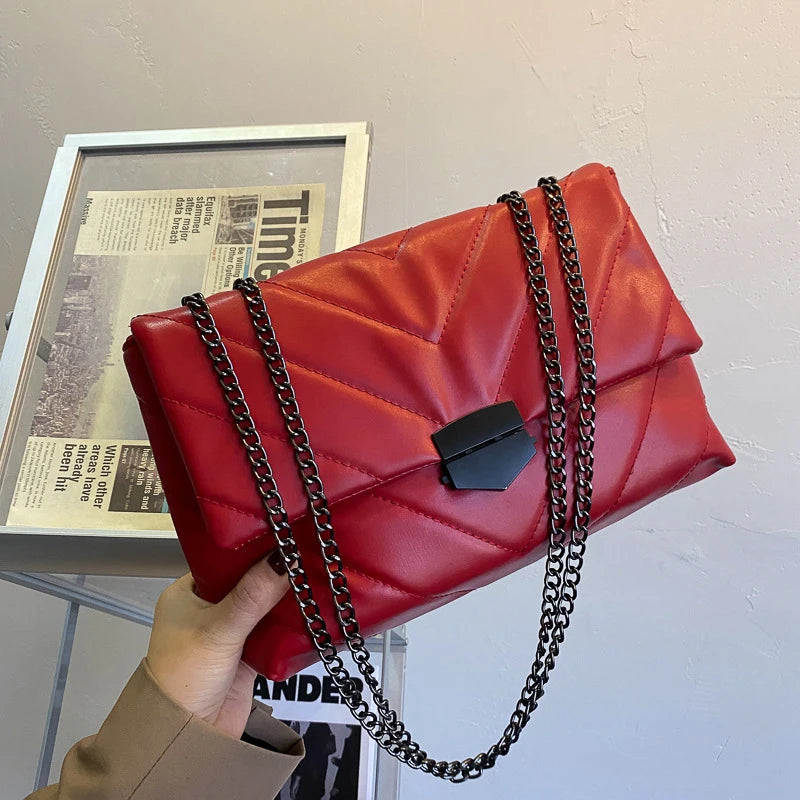 Embroidery Thread PU Leather Crossbody Bag with Chain Shoulder Strap