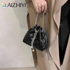 Embroidery Thread PU Handbags Chain Bucket Clutch Purse Shoulder Bag