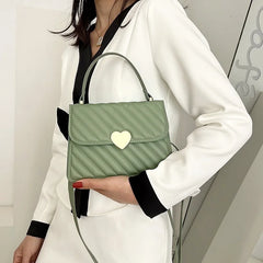 Quilted Crossbody Bag Embroidered Thread PU Leather Tote Green Khaki