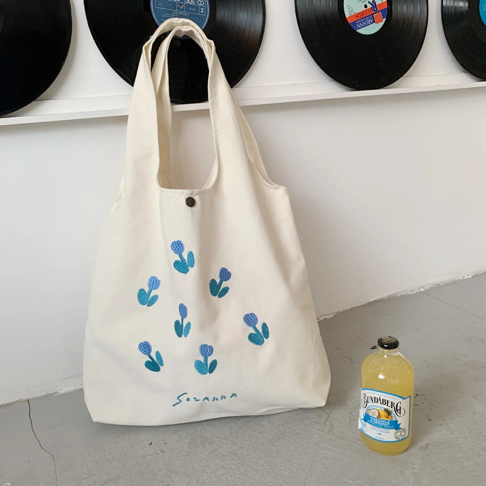 Embroidery Tulip Canvas Shoulder Bag for Women Large Capacity Ladies Casual Tote